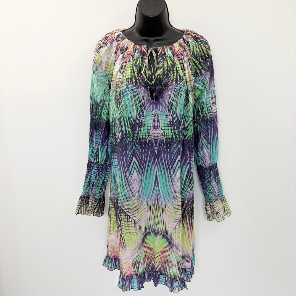 Glamourpuss NYC Dress Tropical Palm Print Smocked Mini Small Multicolor